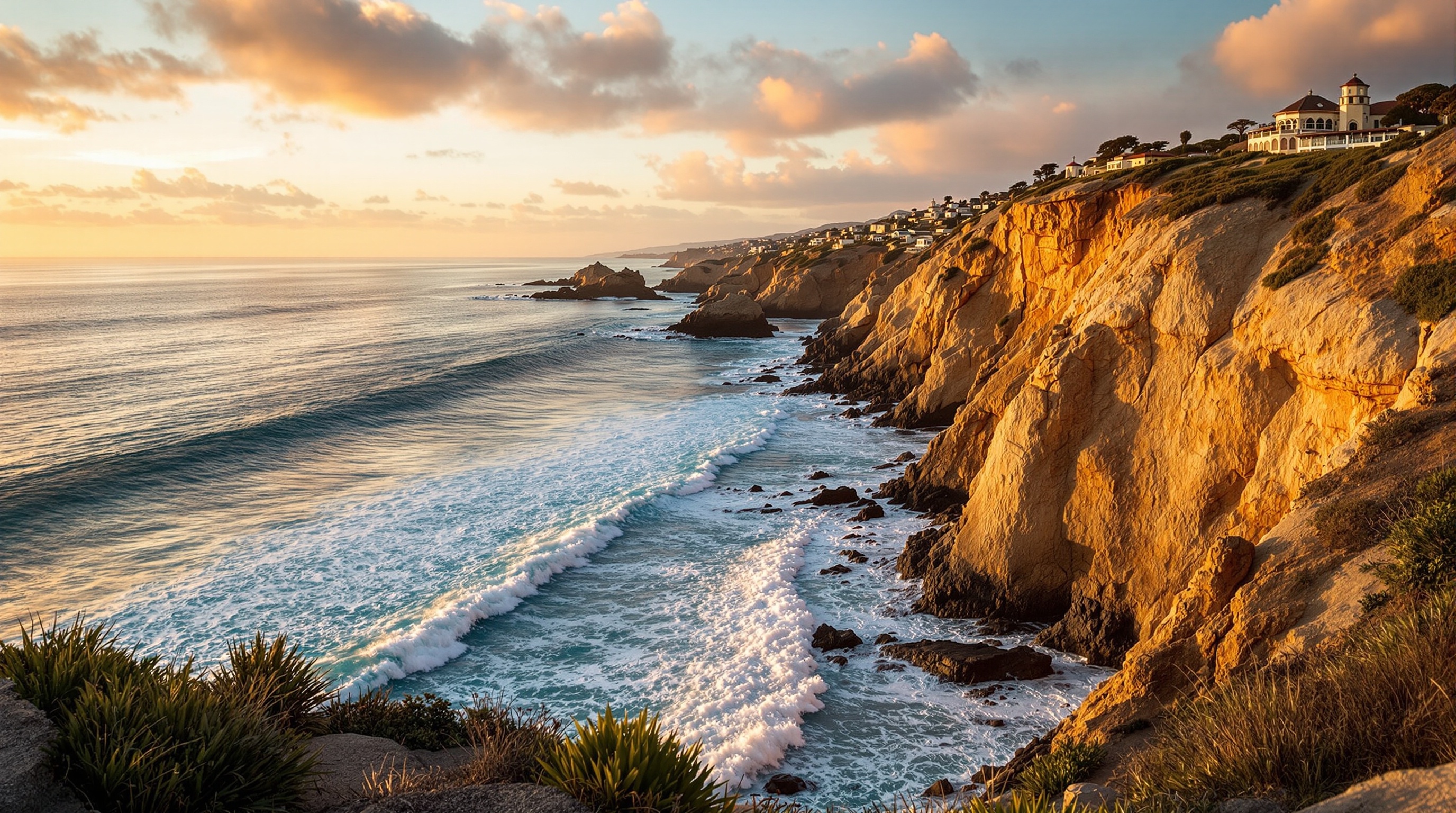 Sunlight falling across coastal cliffs and the ocean